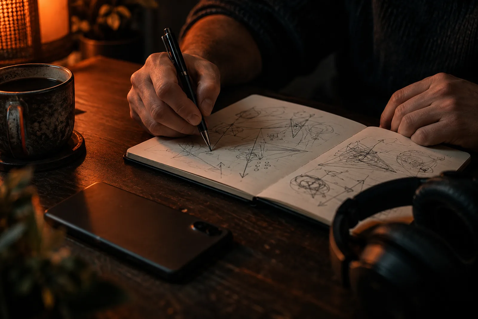 Hands taking notes next to a phone lying face down and a headset
