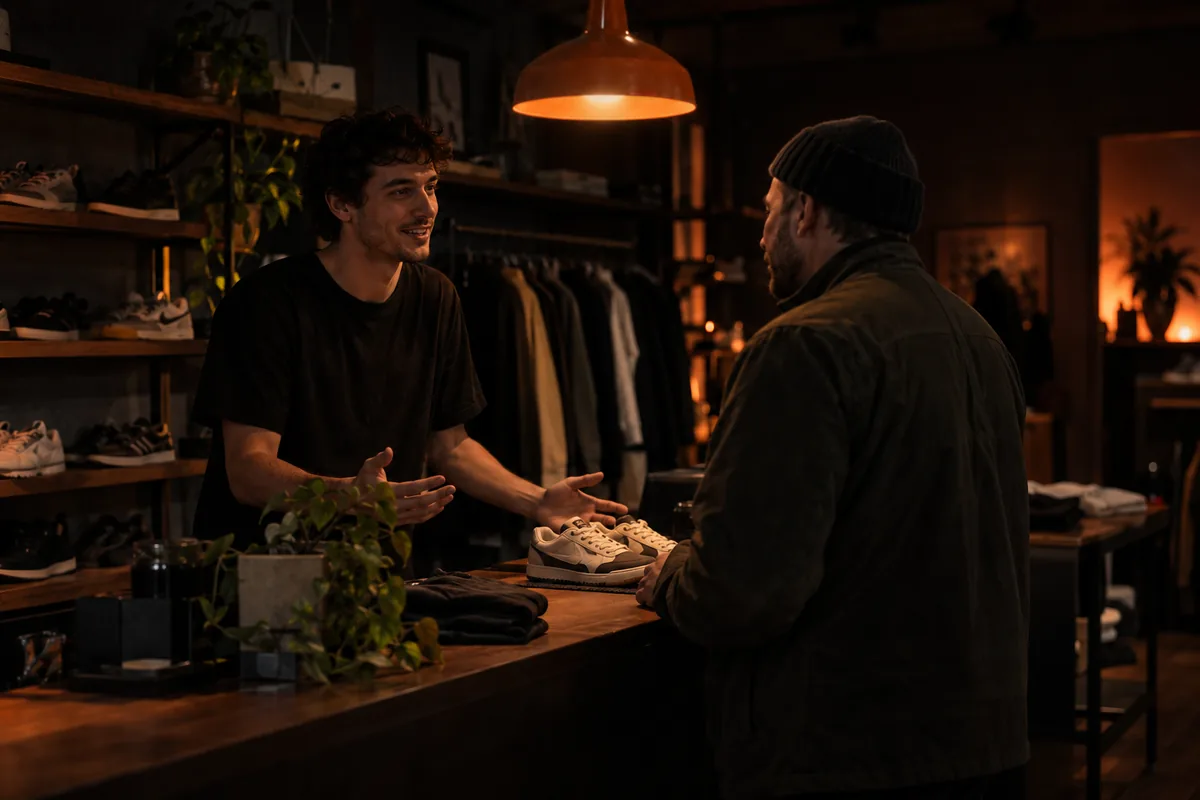 Salesperson talking with a customer across the counter of a small shop