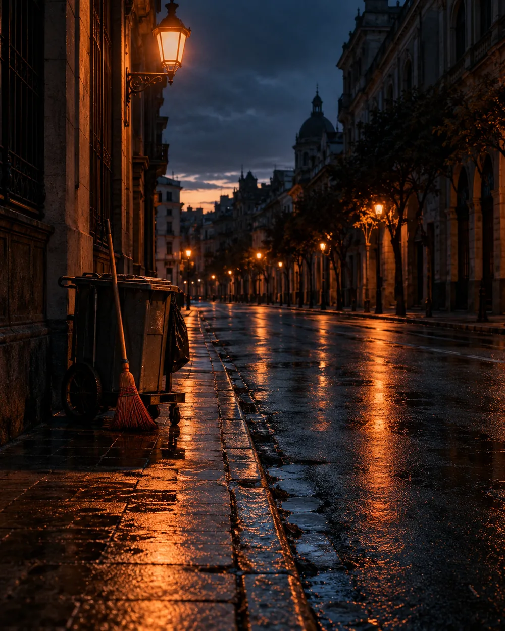 Empty city street at dawn with a street sweeping cart under orange streetlights